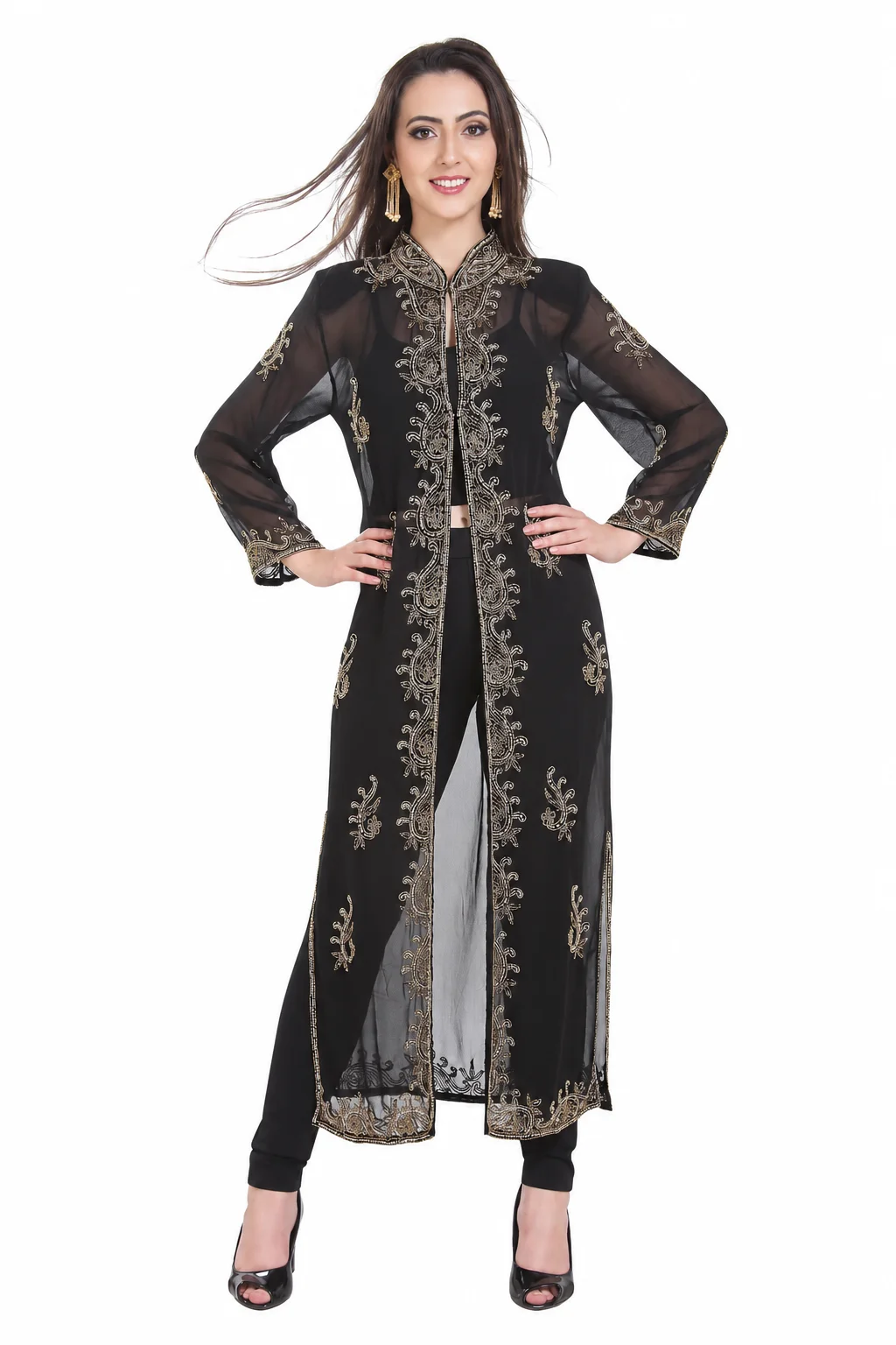 Handmade Golden Sequin Embellished Georgette Cardigan - Image 2