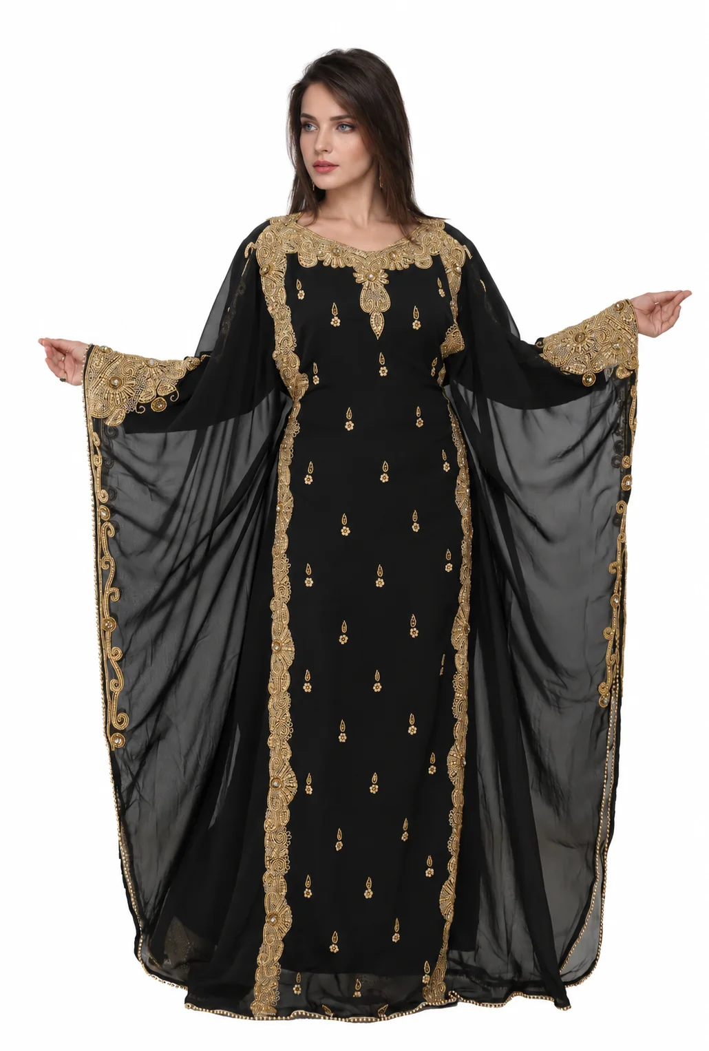 Black Georgette Kaftan with Golden Bead Embroidery - Image 2