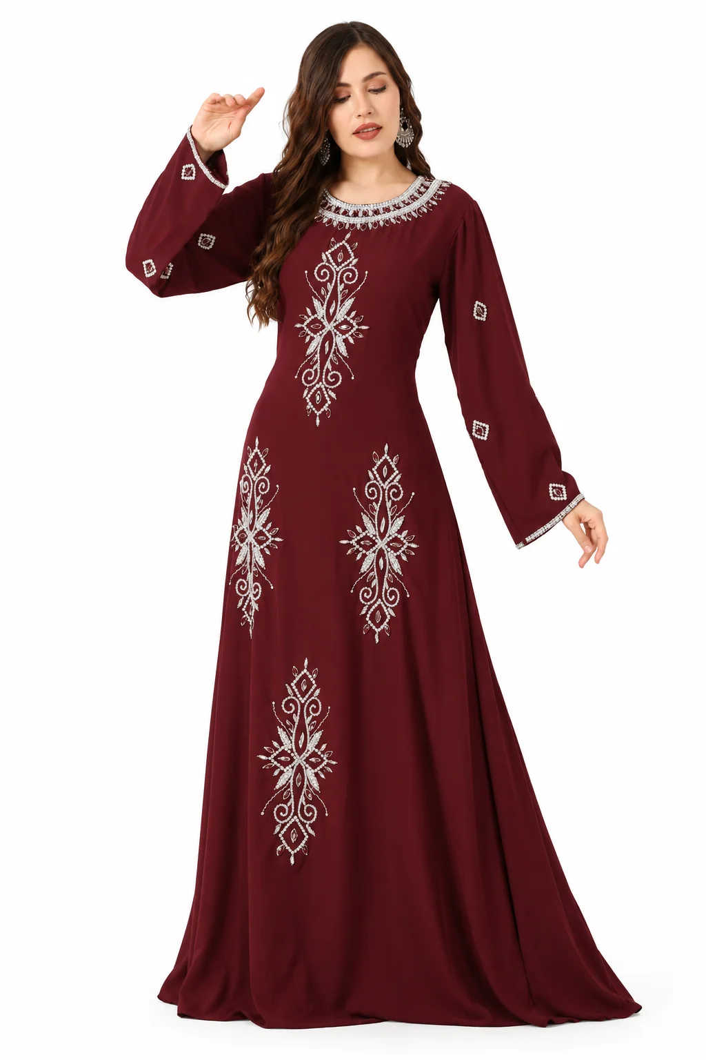 Maroon A-Line Kaftan Gown with Silver Hand Embroidery