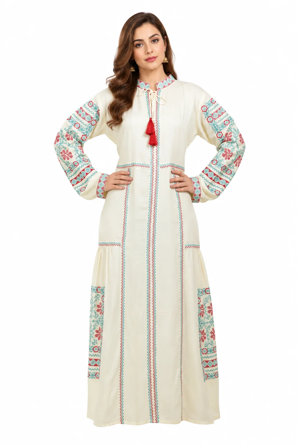 Cream Rayon Kaftan Maxi Dress with Embroidered Lace - Image 4