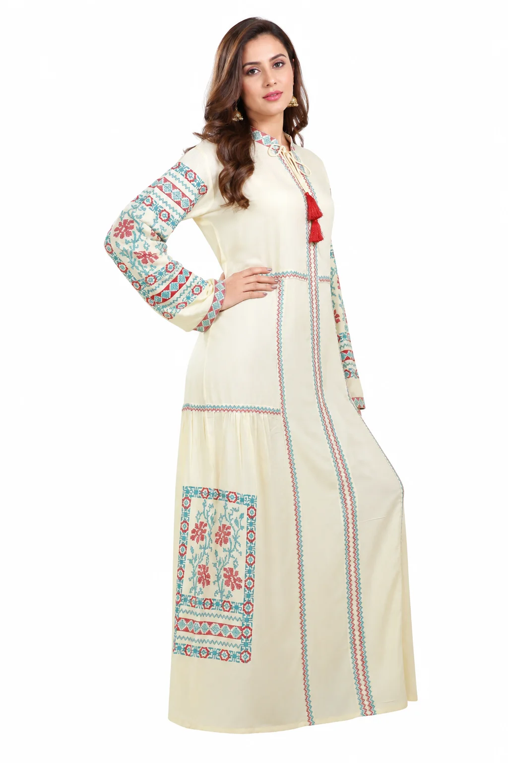 Cream Rayon Kaftan Maxi Dress with Embroidered Lace - Image 5