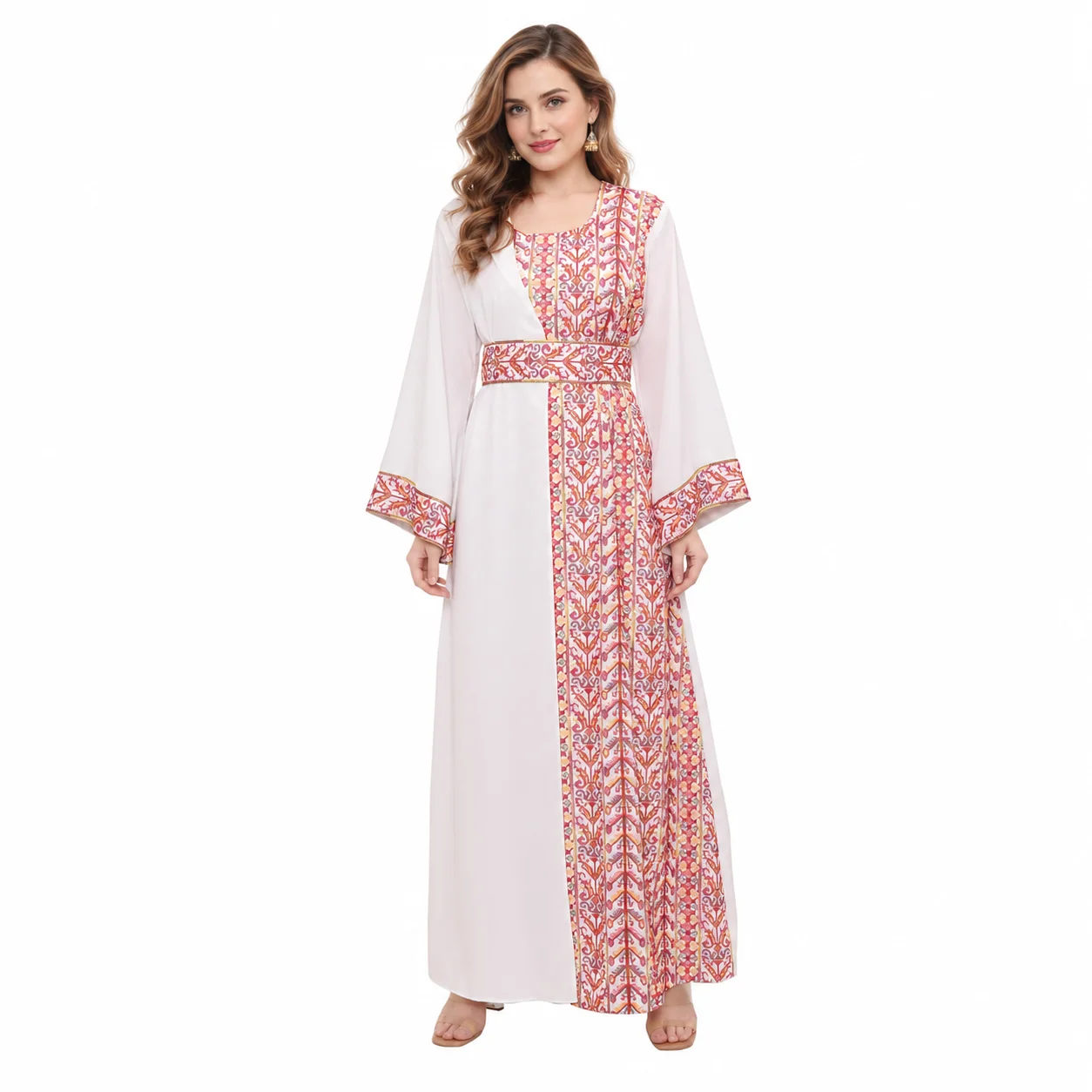 Cream Cross-Stitch Embroidered Georgette Kaftan Dress