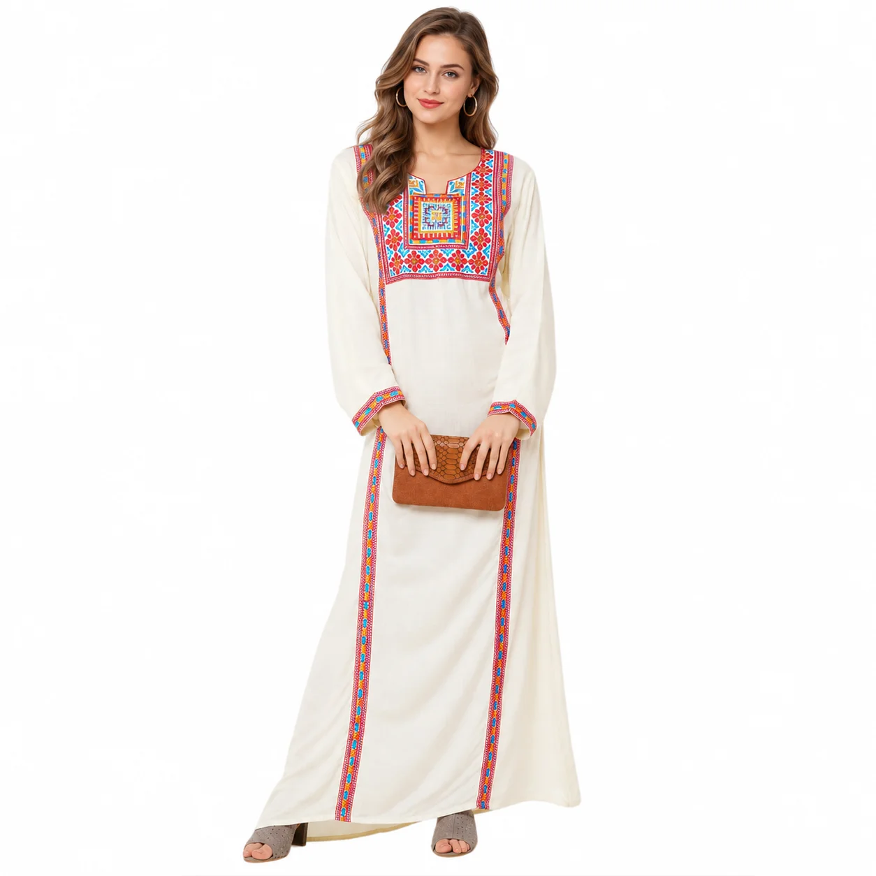Cream Embroidered Rayon Kaftan Maxi Dress with Scarf Option - Image 4