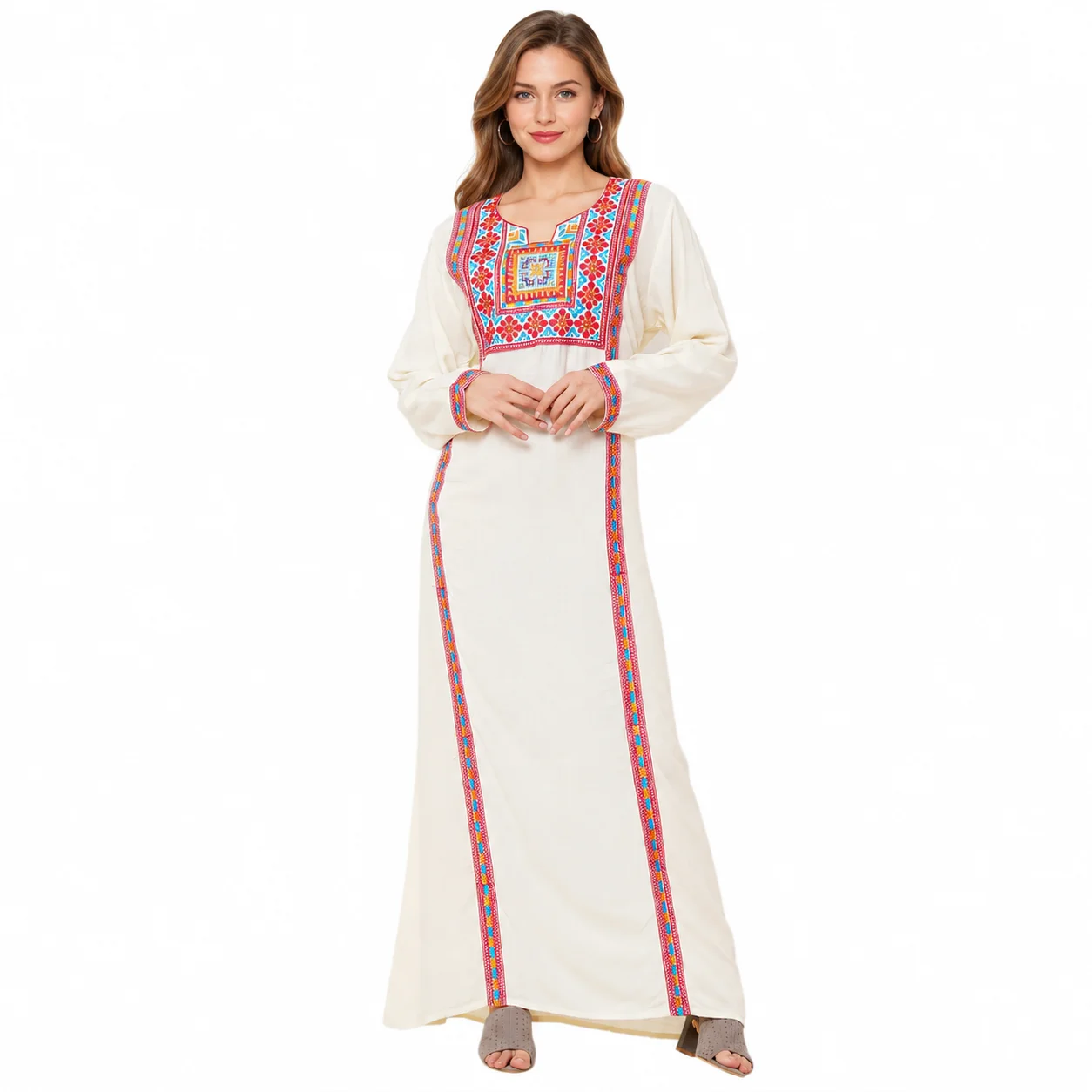 Cream Embroidered Rayon Kaftan Maxi Dress with Scarf Option - Image 5