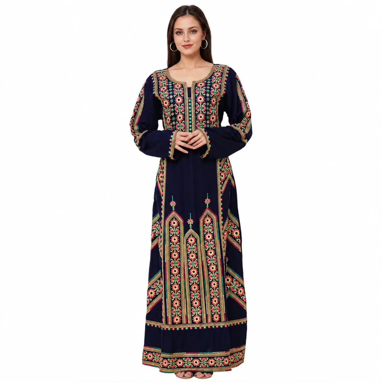 Navy Blue Floral Embroidered Rayon Maxi Dress with Belt - Image 4