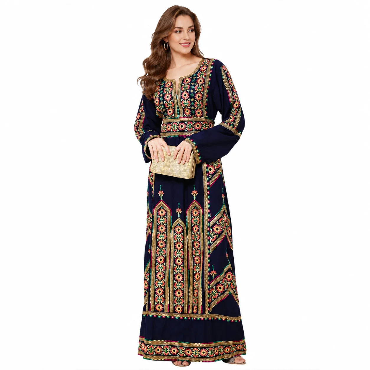 Navy Blue Floral Embroidered Rayon Maxi Dress with Belt - Image 5