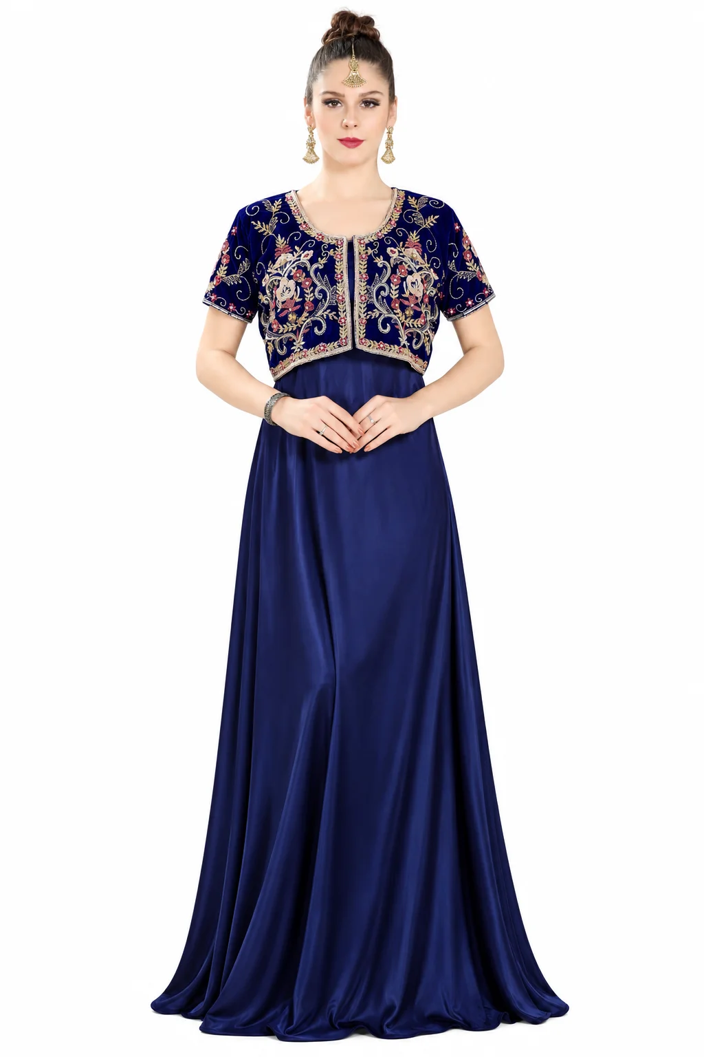 Navy Blue Velvet Bolero Jacket Set with Beaded Embroidery - Image 3