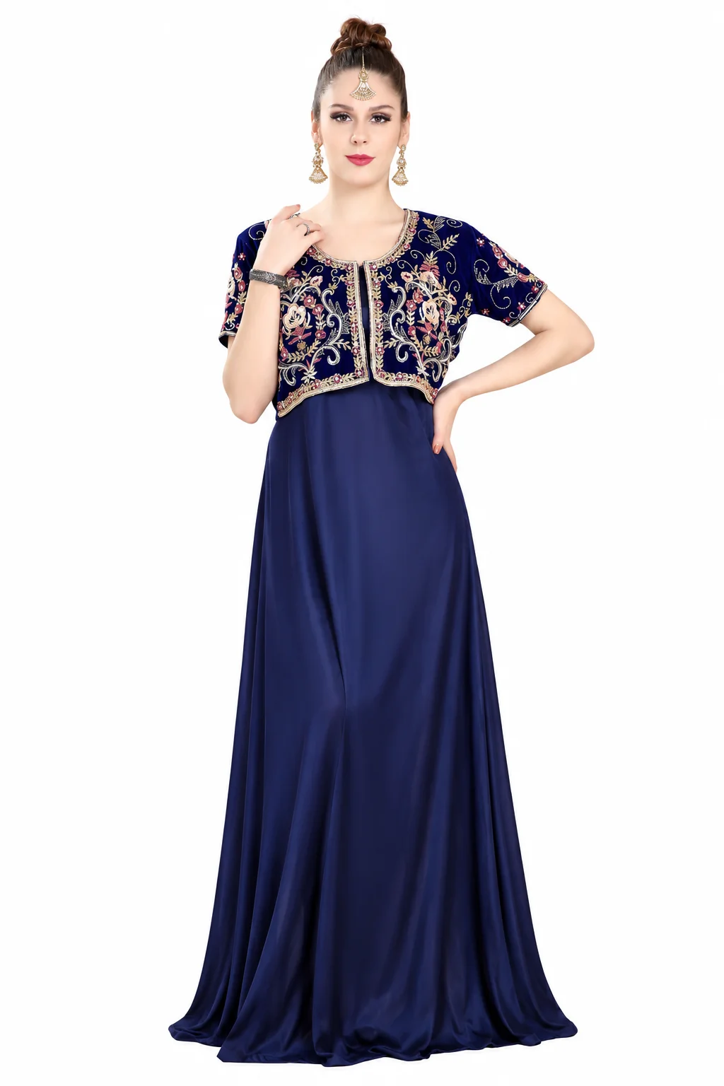 Navy Blue Velvet Bolero Jacket Set with Beaded Embroidery