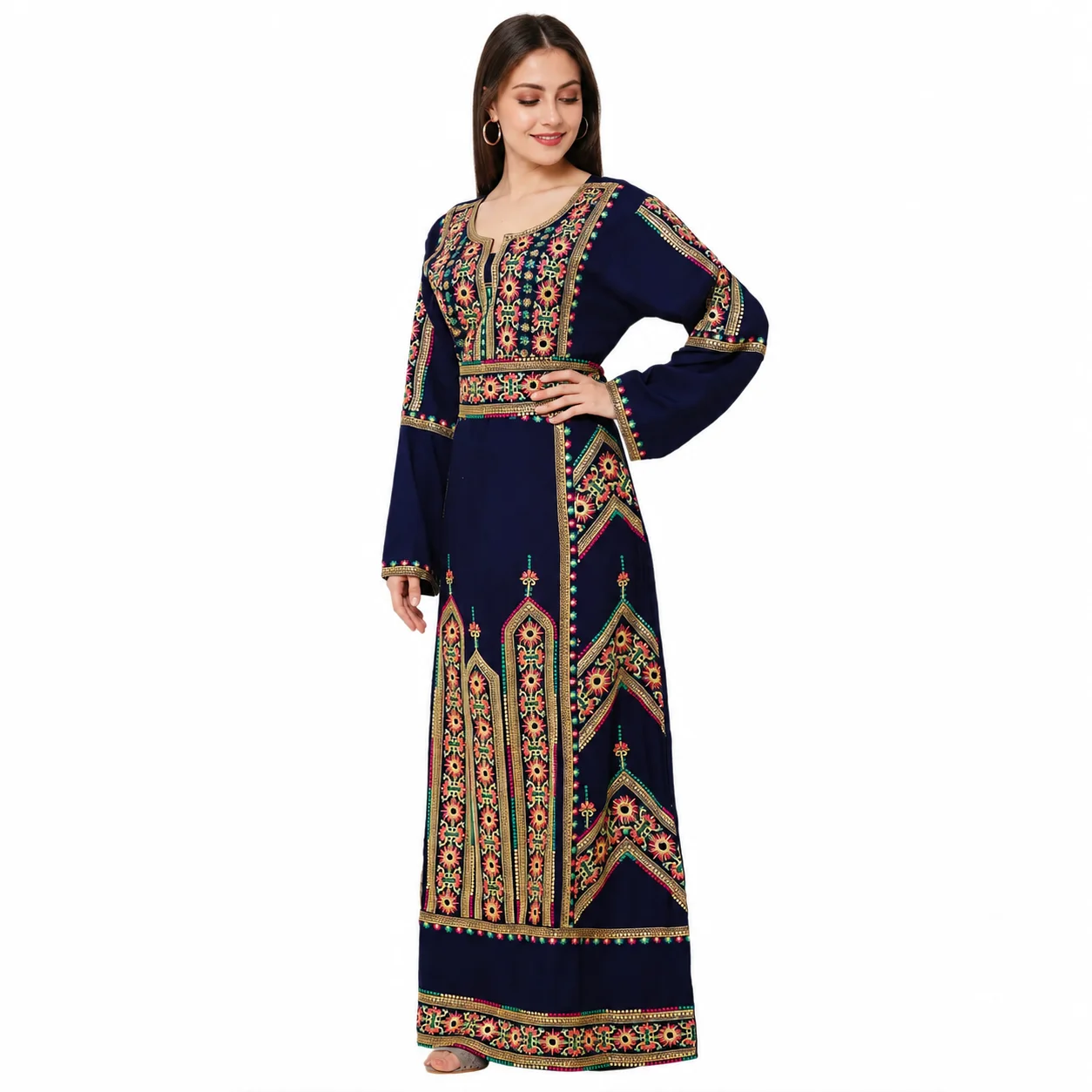 Navy Blue Floral Embroidered Rayon Maxi Dress with Belt