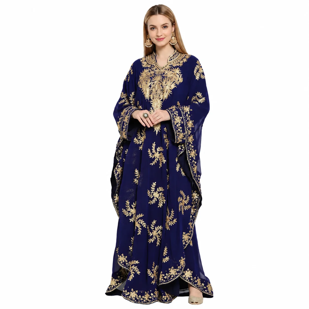 Navy Blue Georgette Evening Gown with Golden Crystal Embroidery - Image 5