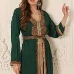 Bottle Green Satin Kaftan with Moroccan Gold Lace