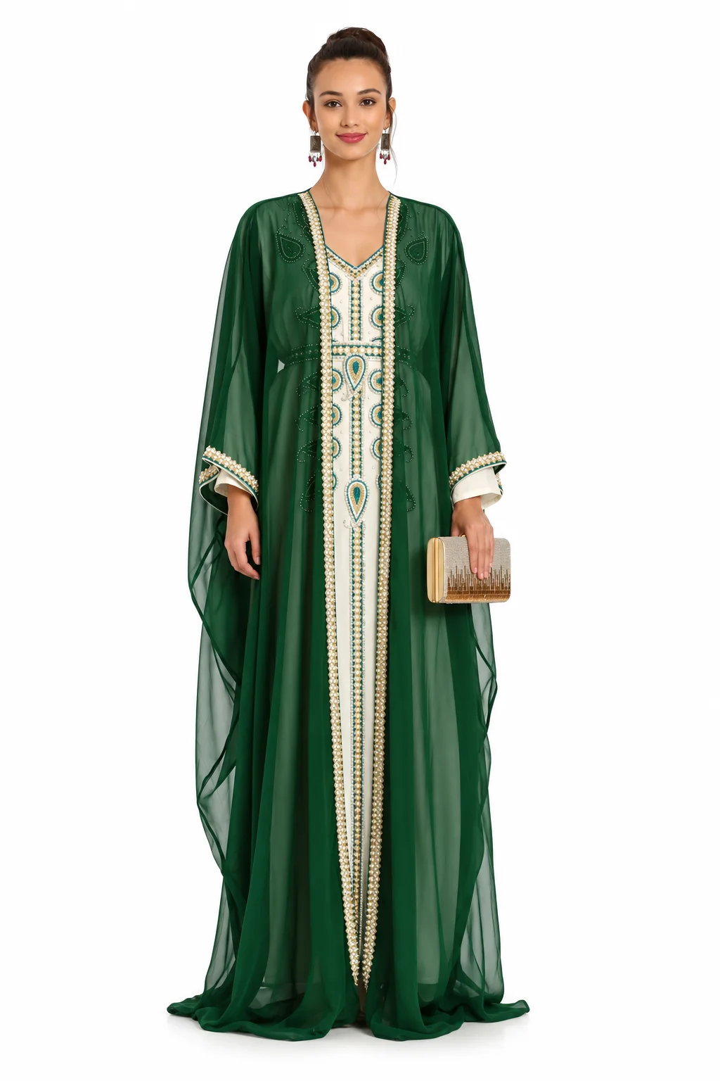 Bottle Green Dubai Farasha Tea Party Dress with Crystal Beads - Image 5