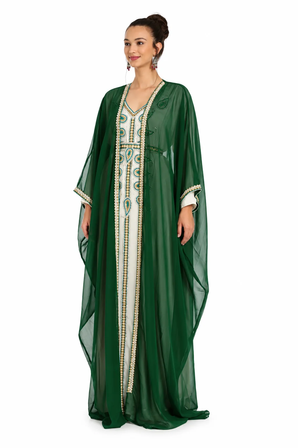 Bottle Green Dubai Farasha Tea Party Dress with Crystal Beads