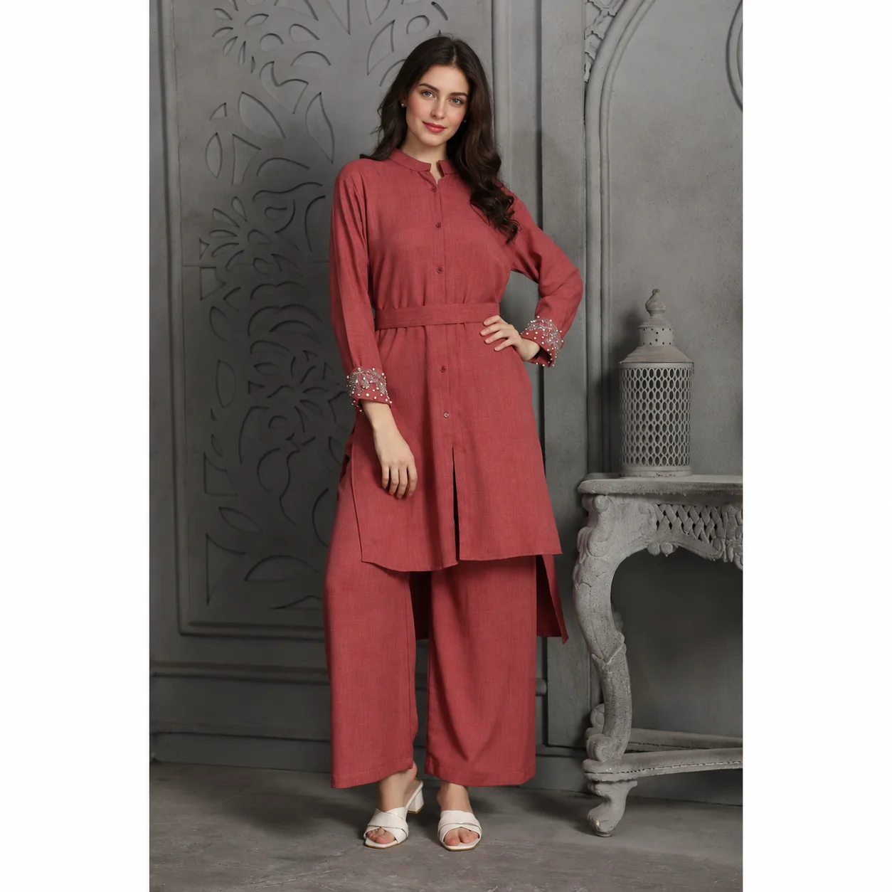 Magenta Pink Embroidered Modest Co-Ord Set - Image 3