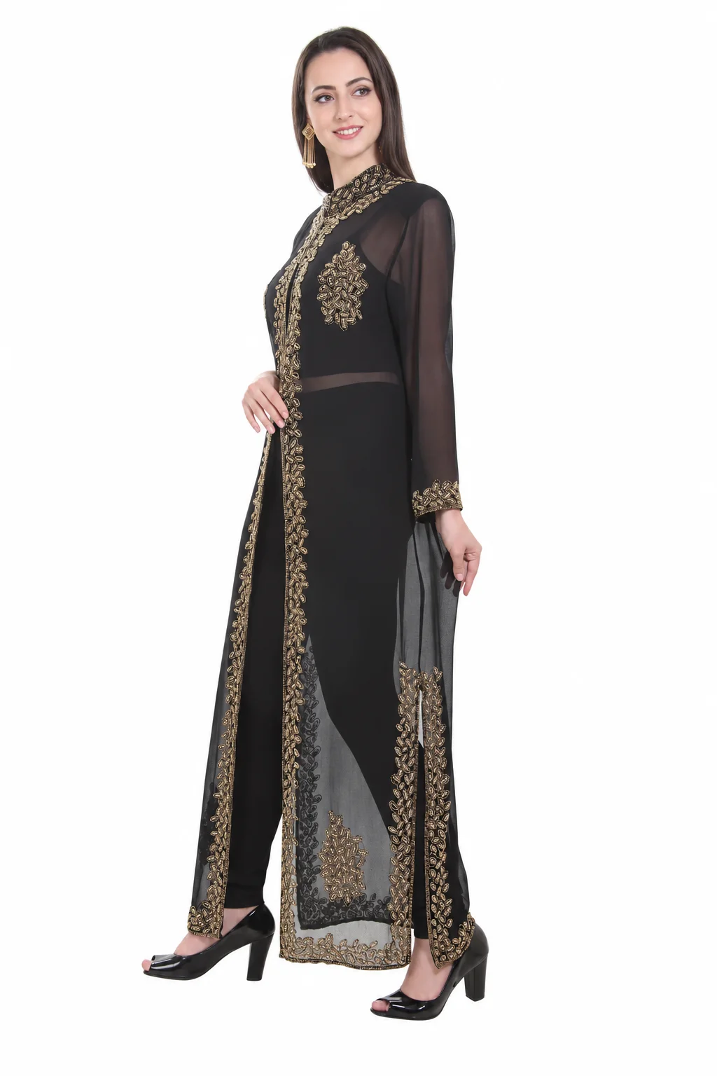 Black Embroidered Georgette Overcoat Kurti for Women - Image 2