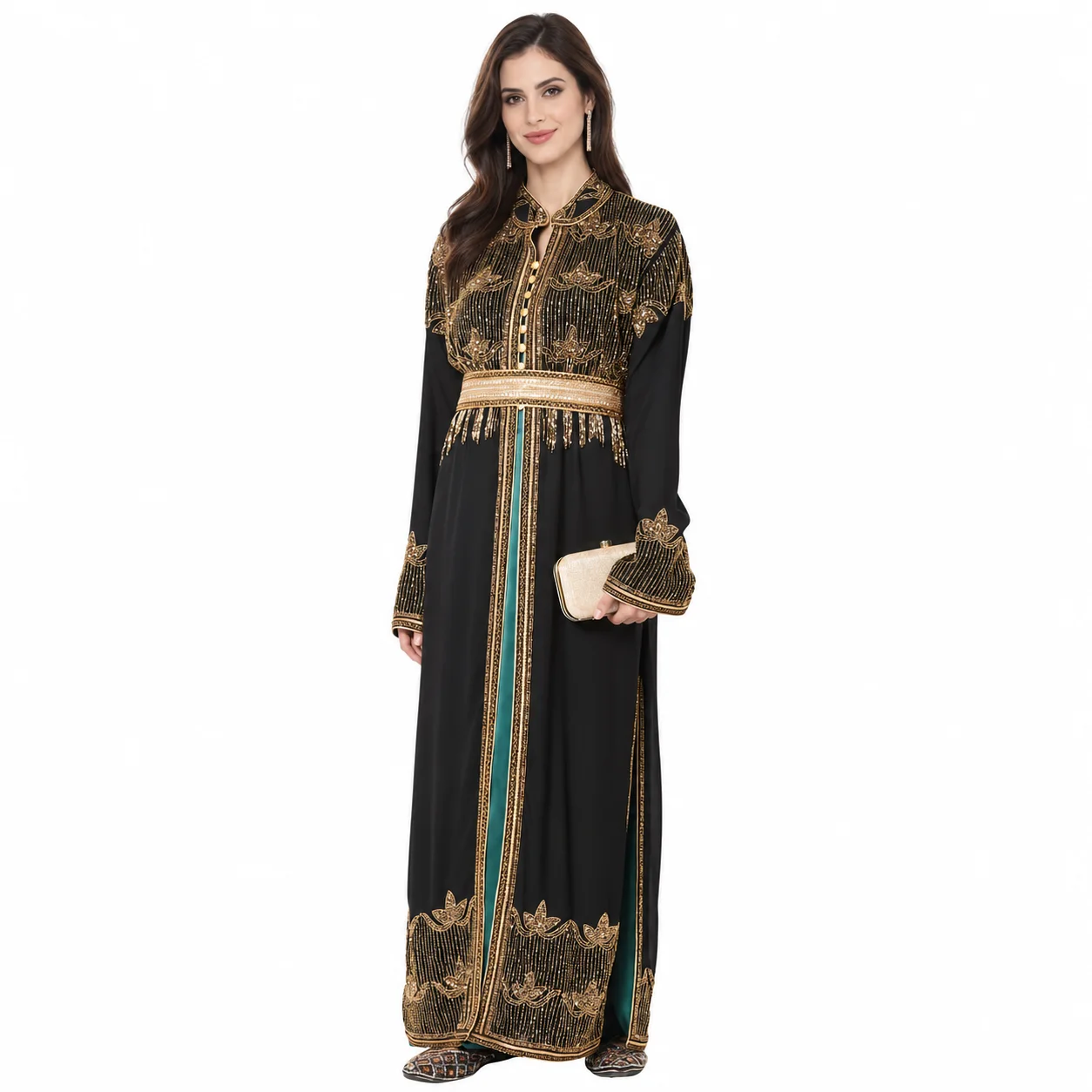 Black and Bottle Green Embroidered 3-Piece Maxi Dress - Image 5
