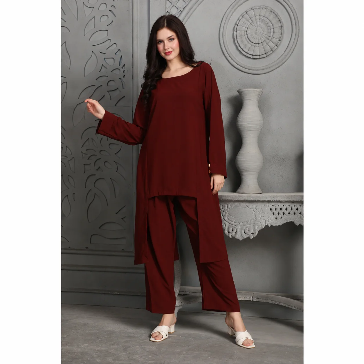 Designer Deep Maroon Pant Top Co-Ord Set - Image 4