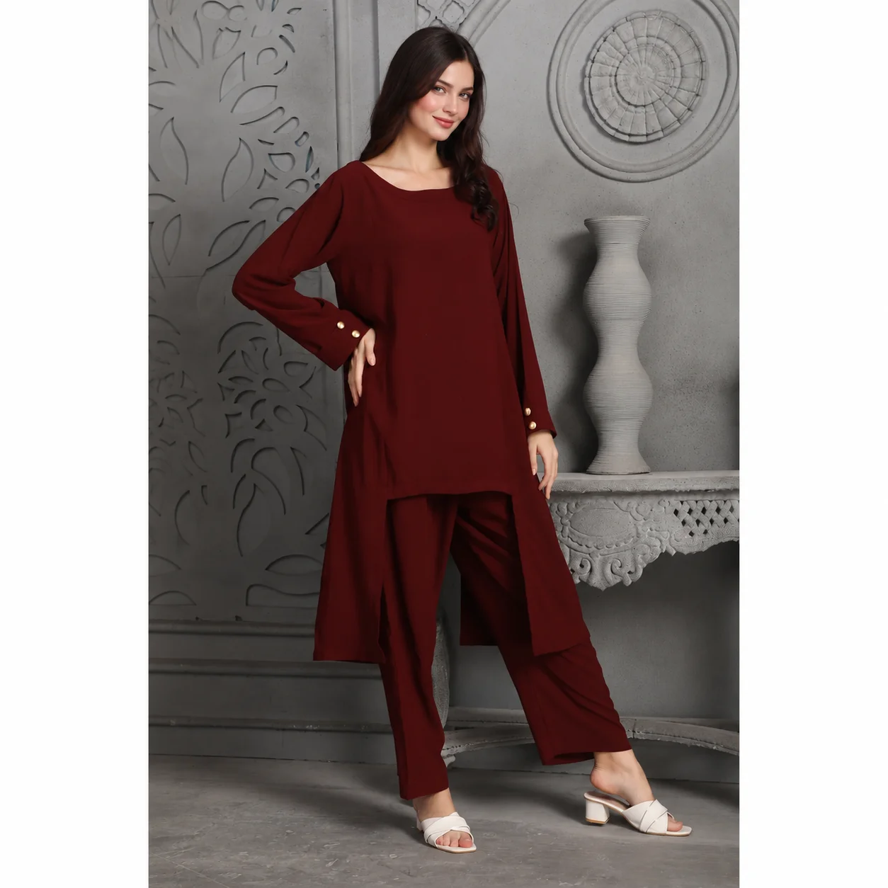 Designer Deep Maroon Pant Top Co-Ord Set - Image 5