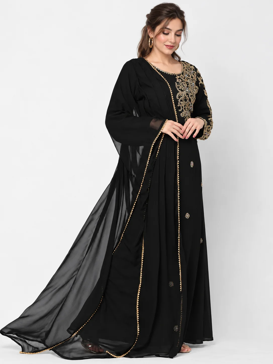 Black Georgette Arabian Jalabiya Gown with Gold Beads - Image 6