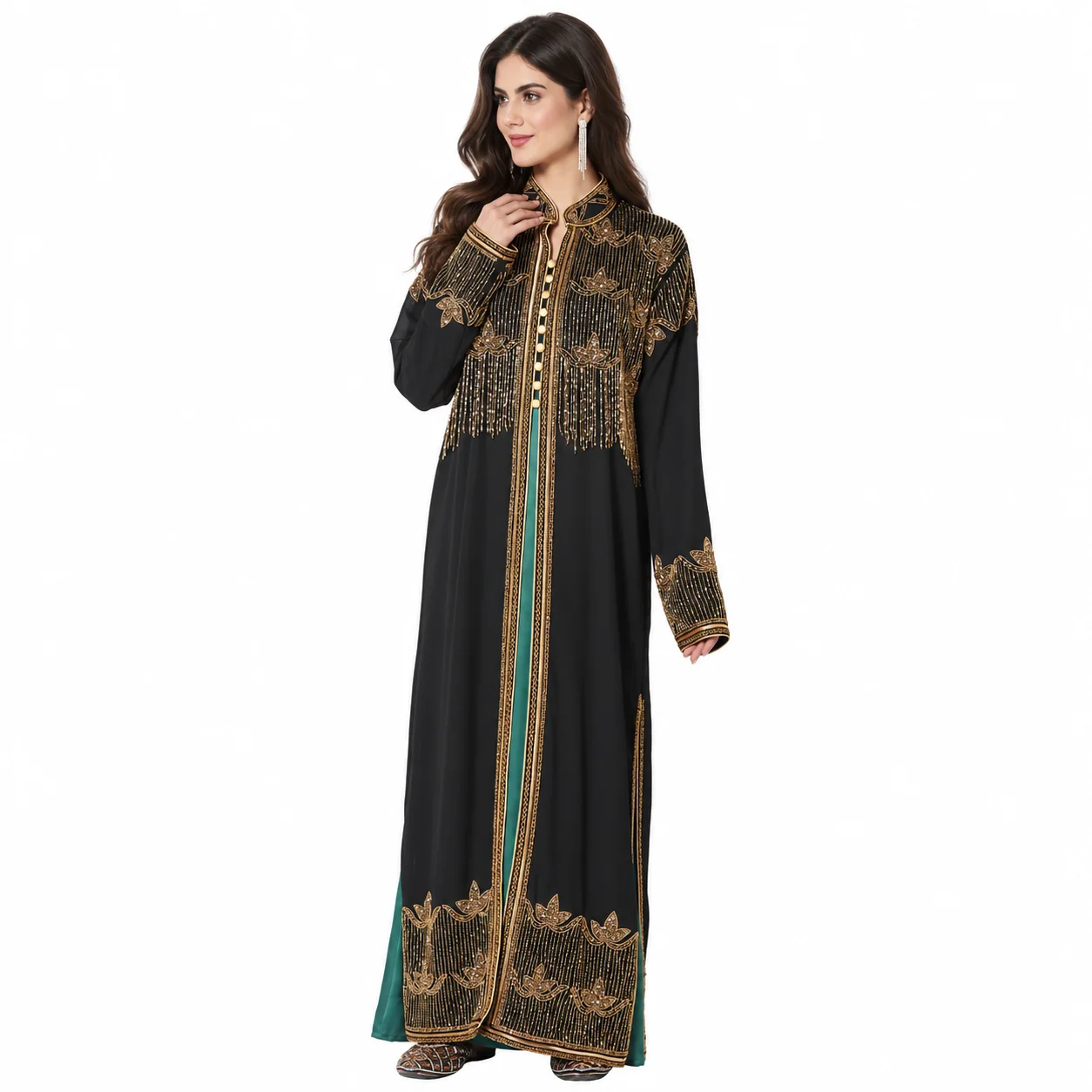 Black and Bottle Green Embroidered 3-Piece Maxi Dress