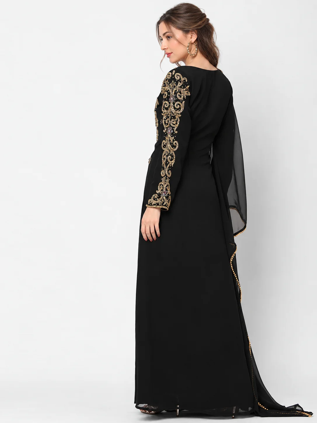 Black Georgette Arabian Jalabiya Gown with Gold Beads - Image 7