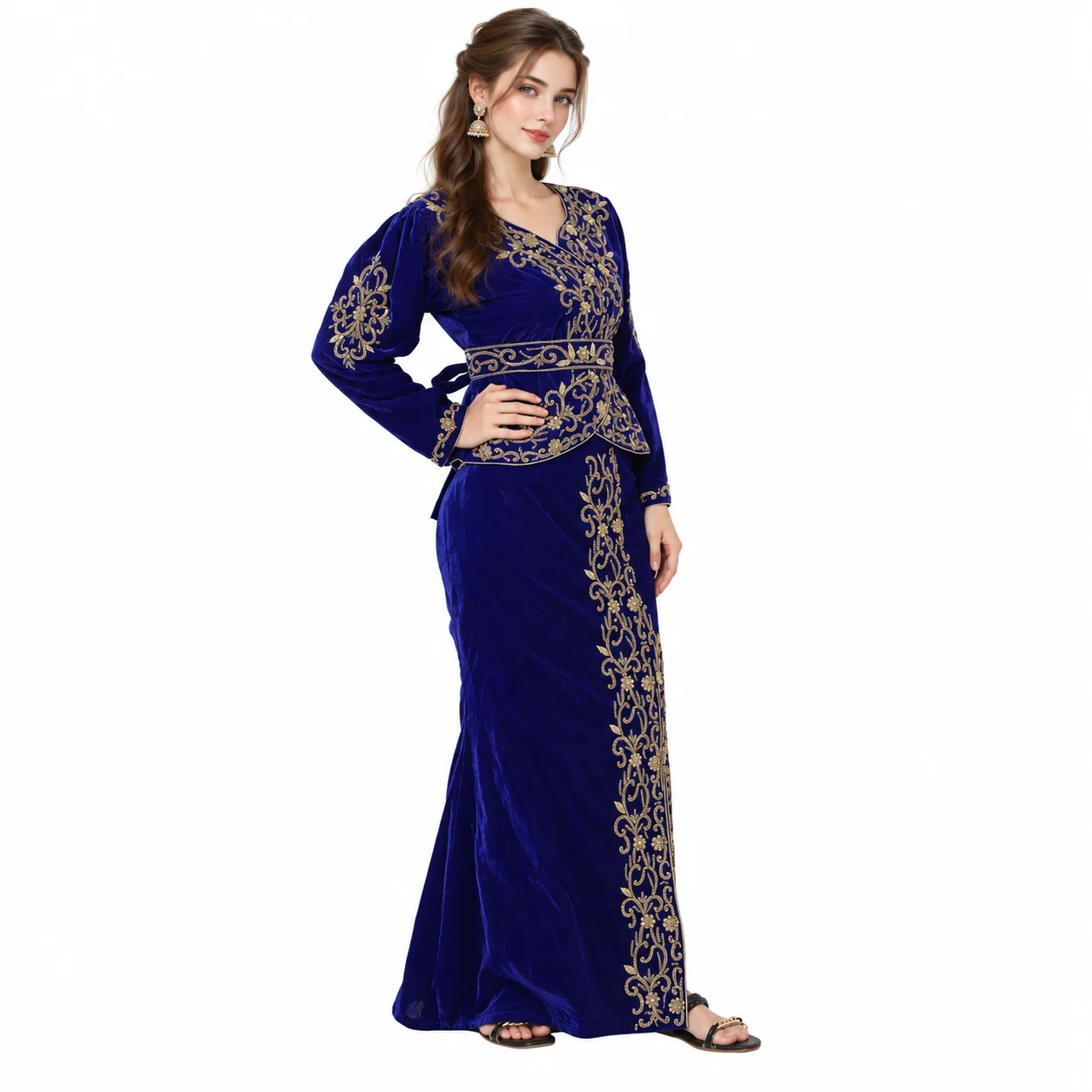 Royal Blue Velvet Takchita with Gold Hand Embroidery