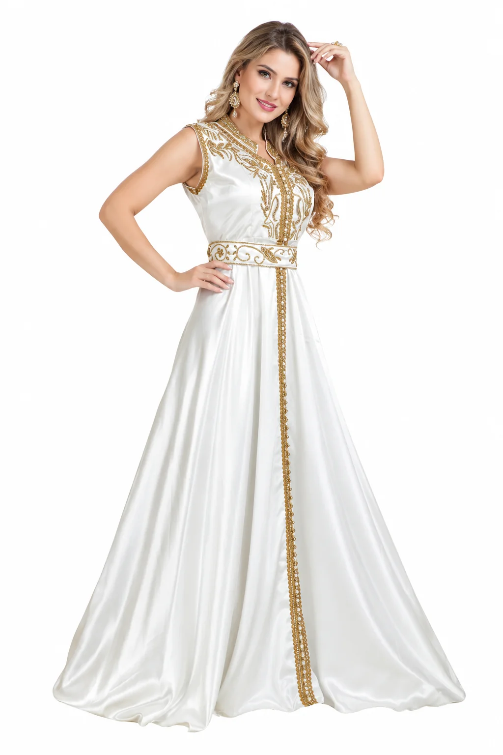 Cream Satin Kaftan Dress with Gold and Silver Beadwork - Image 5