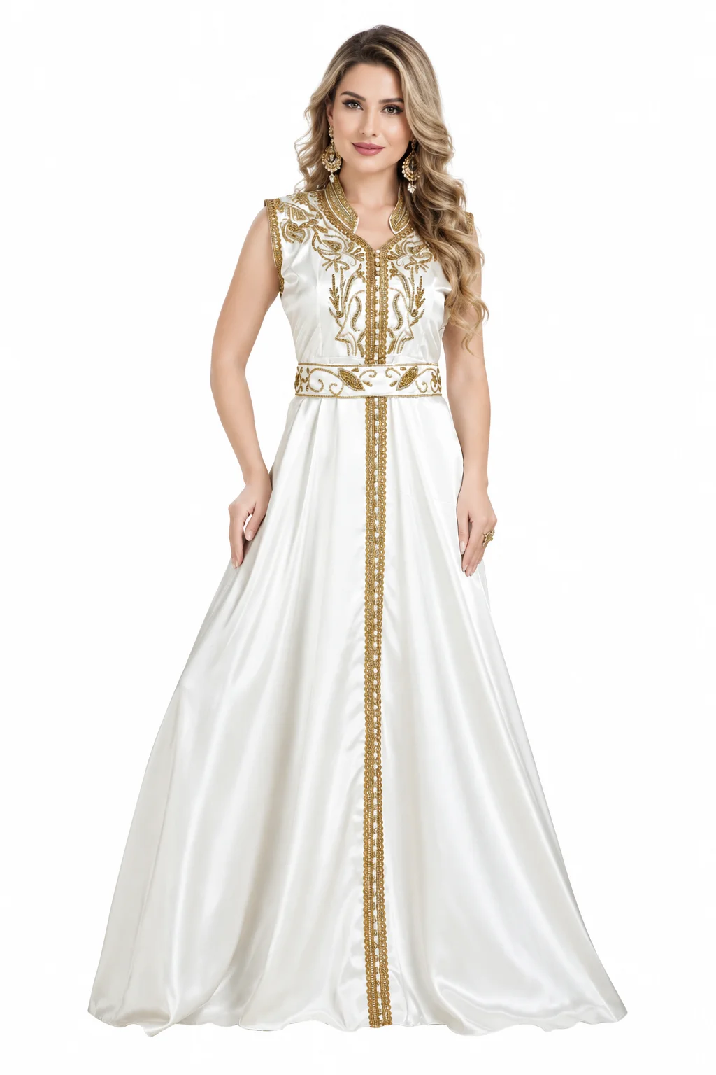 Cream Satin Kaftan Dress with Gold and Silver Beadwork