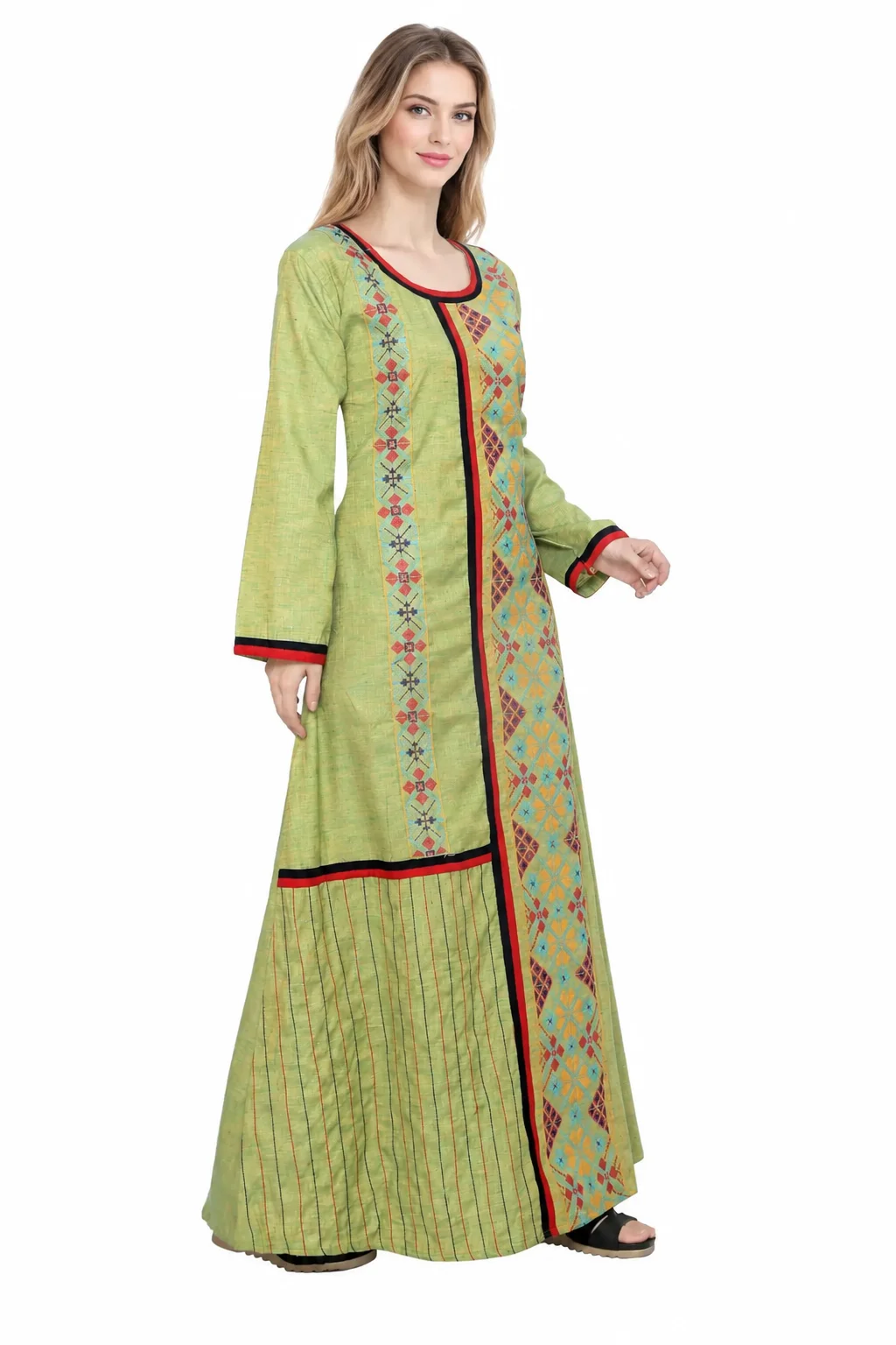 Light Green Cotton Maxi Dress with Cross-Stitch Embroidery