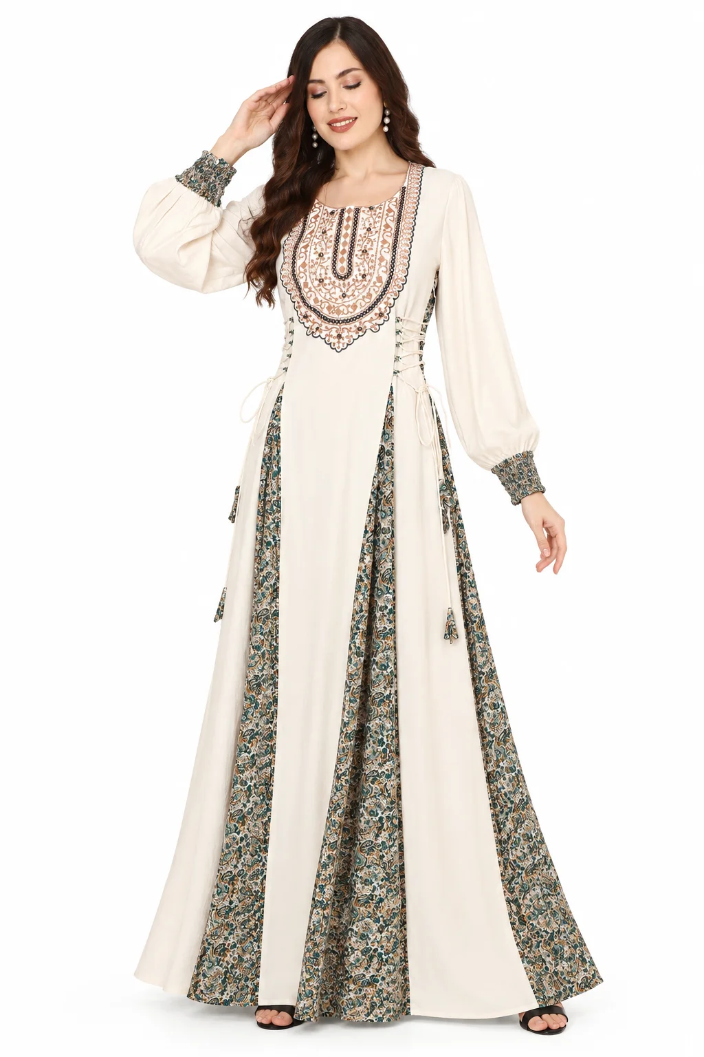 Off-White Kaftan Dress with Gold Embellishments - Image 2