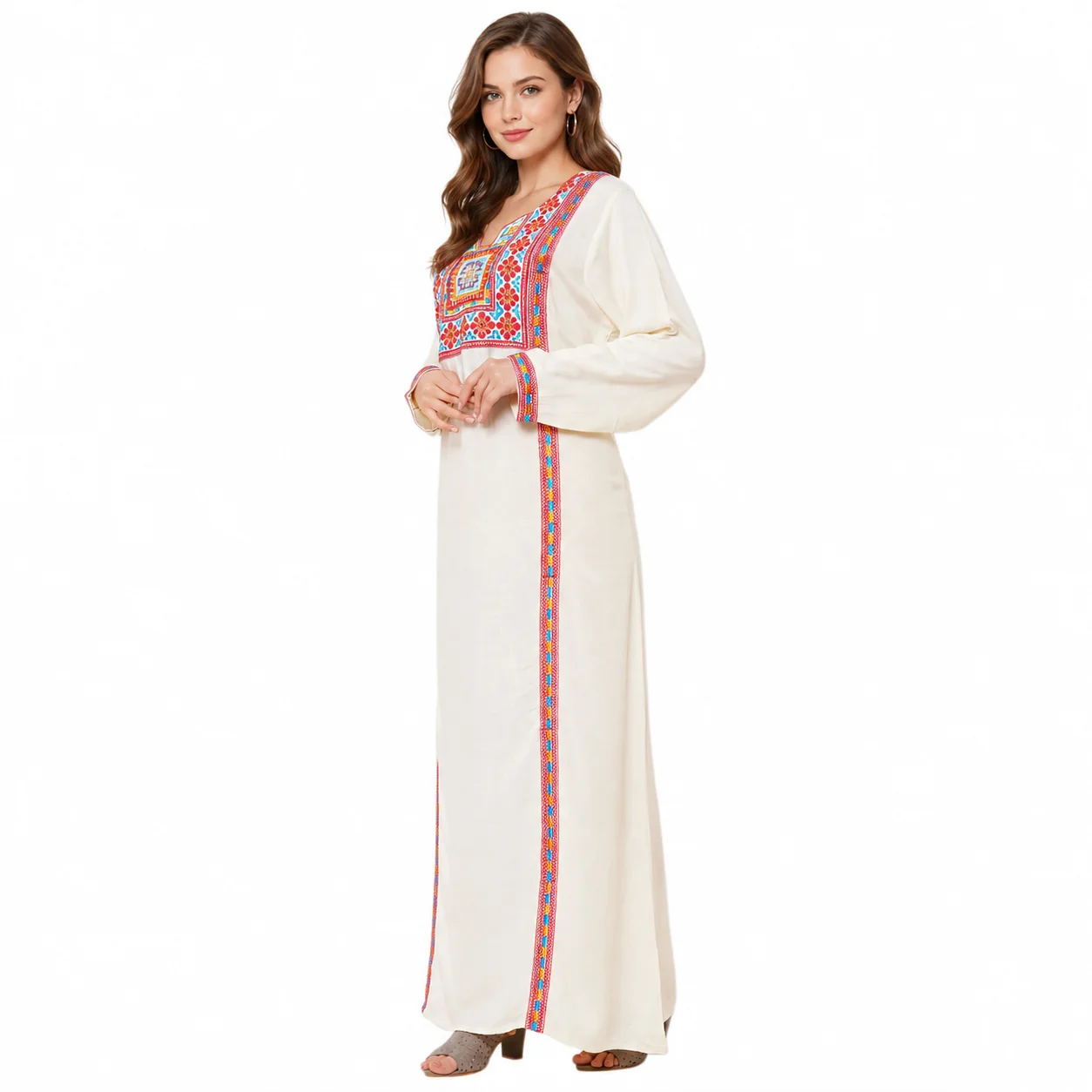 Cream Embroidered Rayon Kaftan Maxi Dress with Scarf Option - Image 6