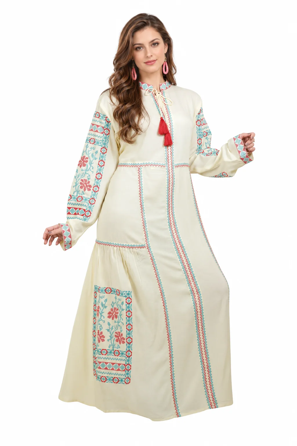 Cream Rayon Kaftan Maxi Dress with Embroidered Lace - Image 6