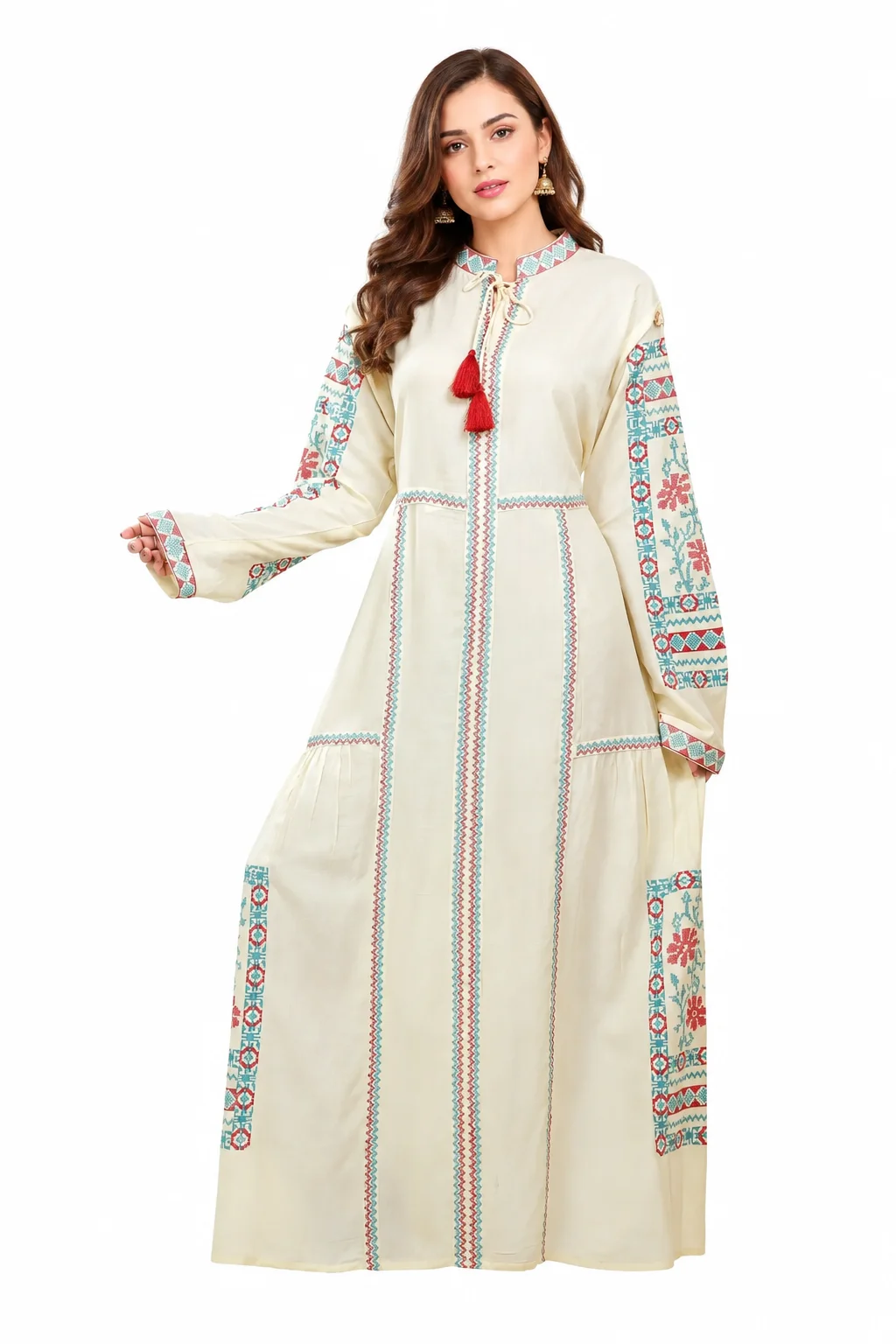 Cream Rayon Kaftan Maxi Dress with Embroidered Lace