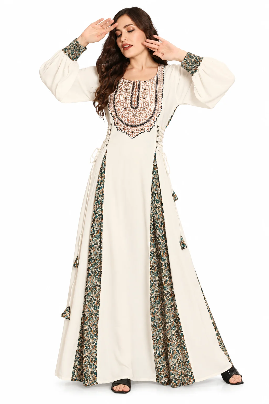 Off-White Kaftan Dress with Gold Embellishments - Image 3