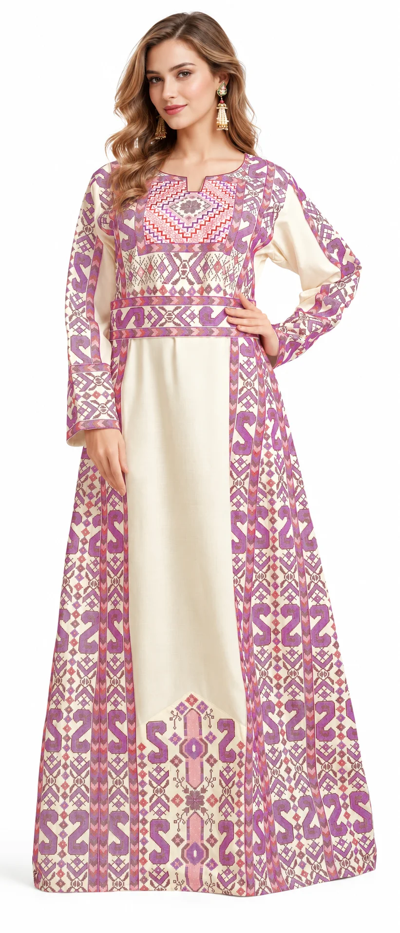 Cream Rayon Cross-Stitch Kaftan Dress with Matching Belt