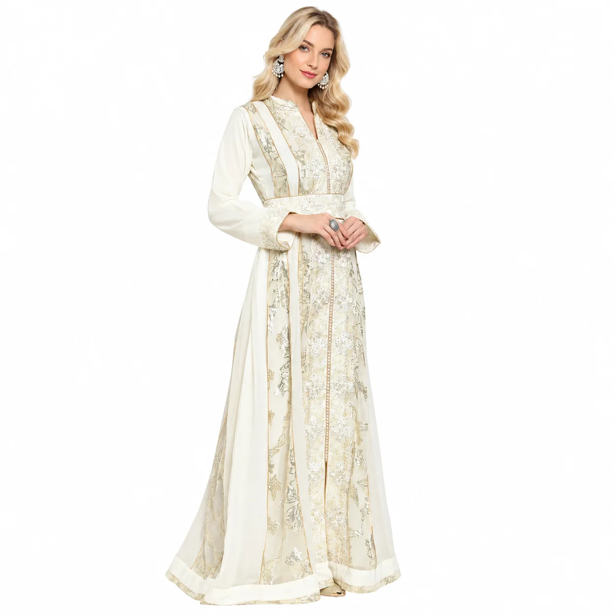 Cream Hand-Embroidered Wedding Ball Gown with Crystal Beads - Image 8
