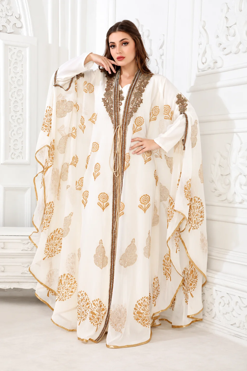 White Flowy Arabic Kaftan Dress with Gold Embroidery