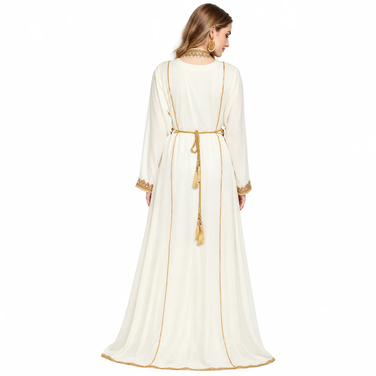Cream Embroidered Maxi Dress with Golden Crystal Lace - Image 8