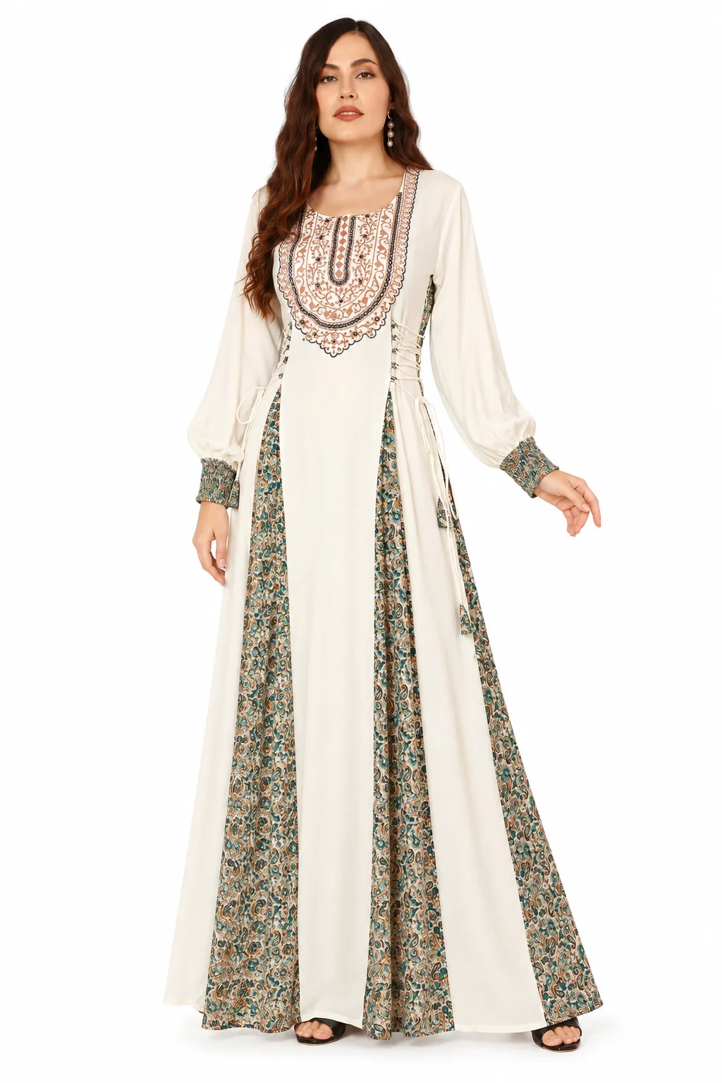 Off-White Kaftan Dress with Gold Embellishments - Image 4