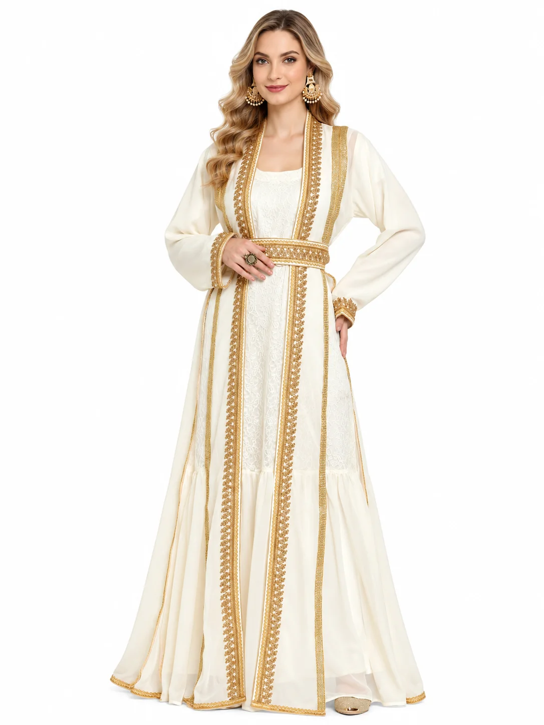 Cream Embroidered Maxi Dress with Golden Crystal Lace - Image 7