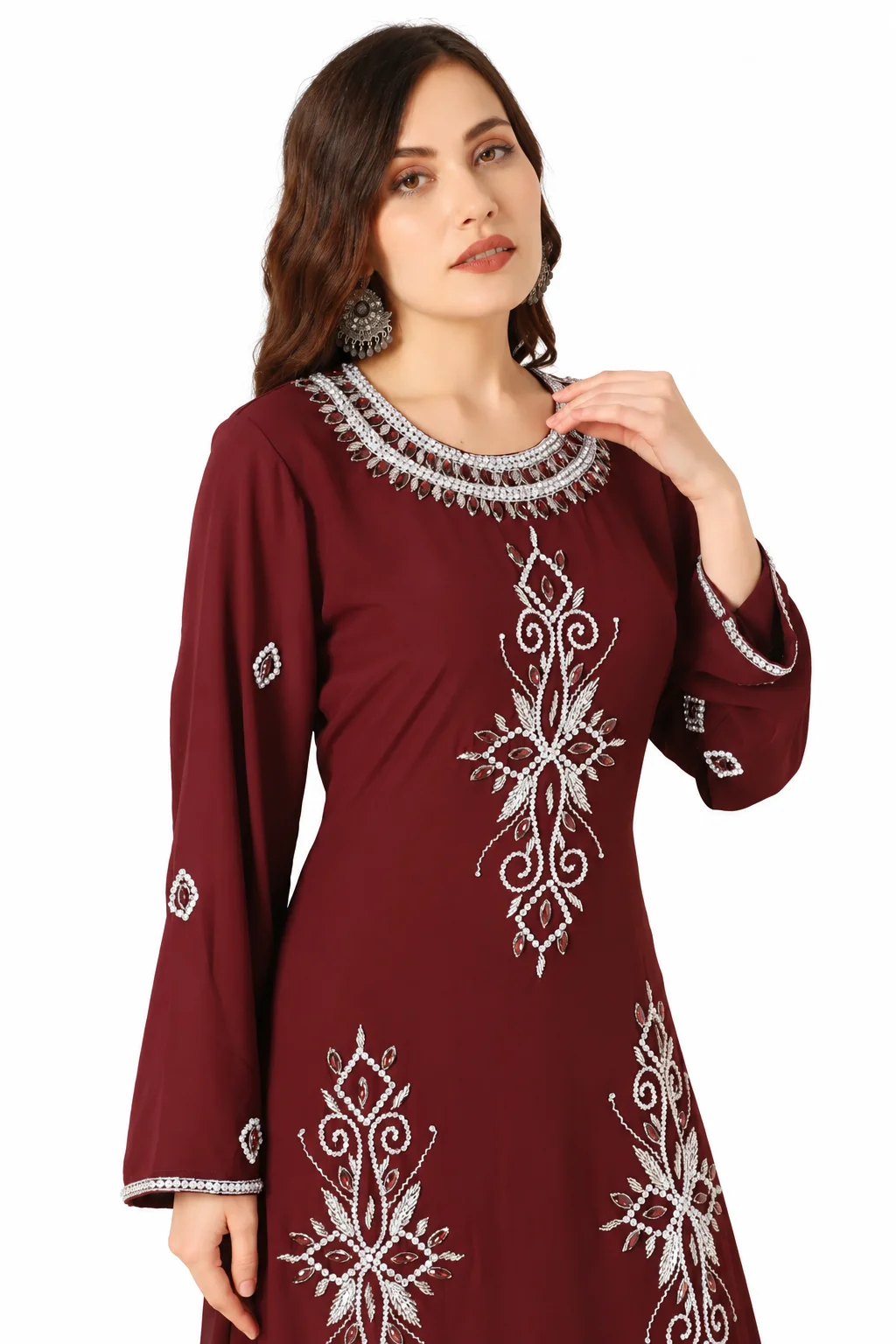 Maroon A-Line Kaftan Gown with Silver Hand Embroidery - Image 3
