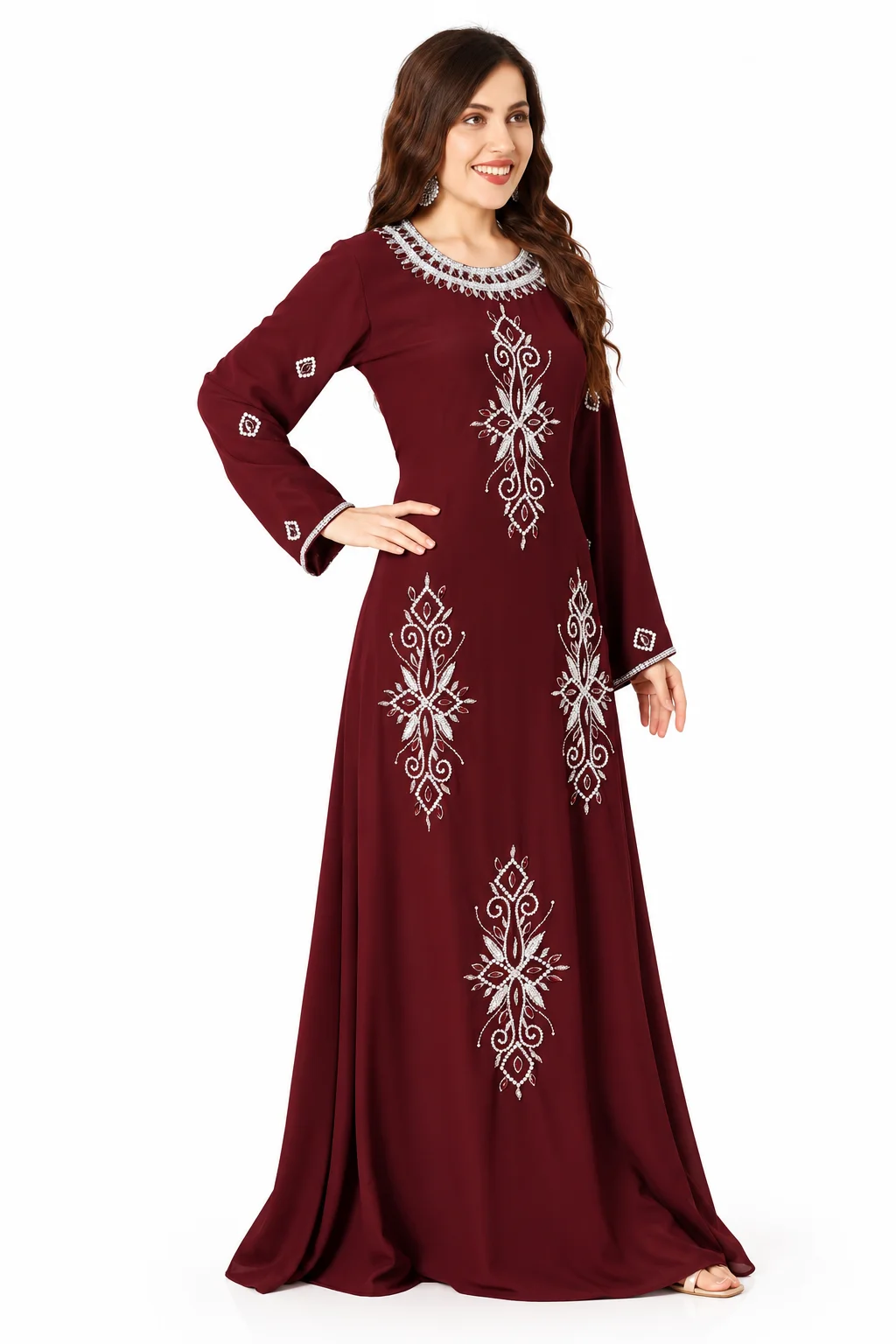 Maroon A-Line Kaftan Gown with Silver Hand Embroidery - Image 4