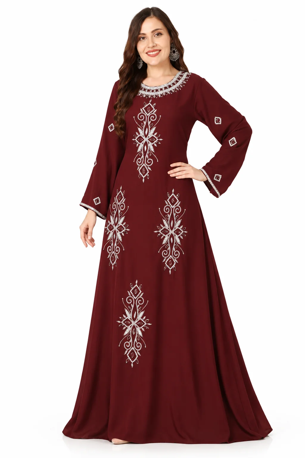Maroon A-Line Kaftan Gown with Silver Hand Embroidery - Image 2
