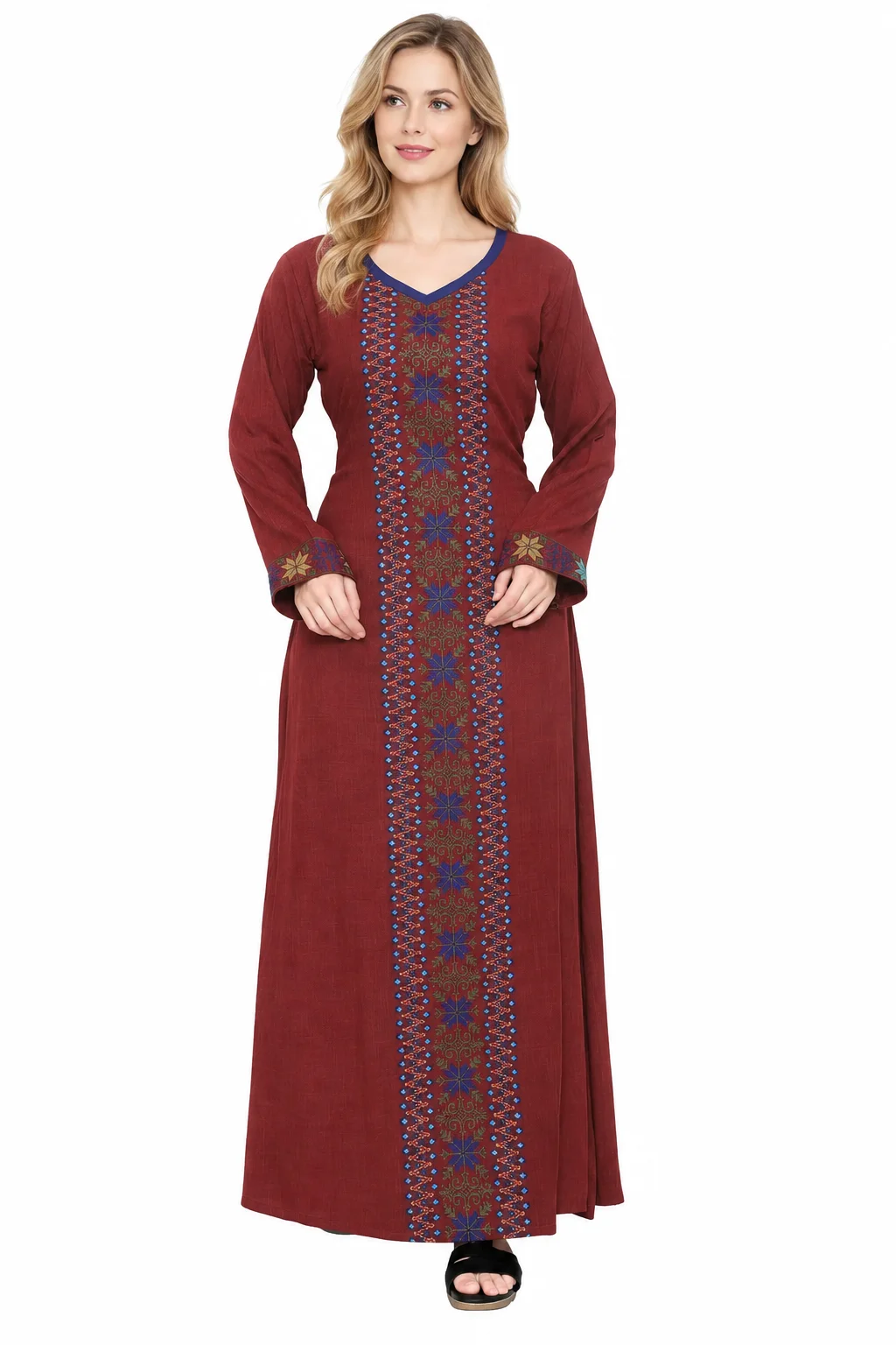 Maroon Rayon Kaftan with Cross-Stitch Embroidery - Image 3