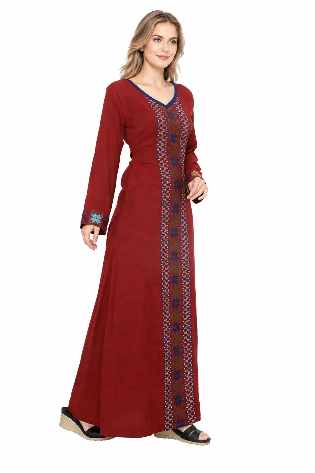 Maroon Rayon Kaftan with Cross-Stitch Embroidery - Image 4