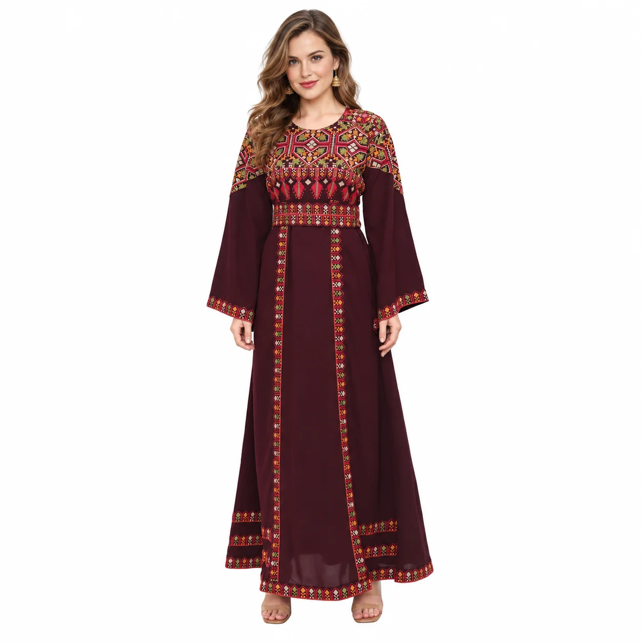 Dark Burgundy Embroidered Khaleeji Thobe Dress with Belt