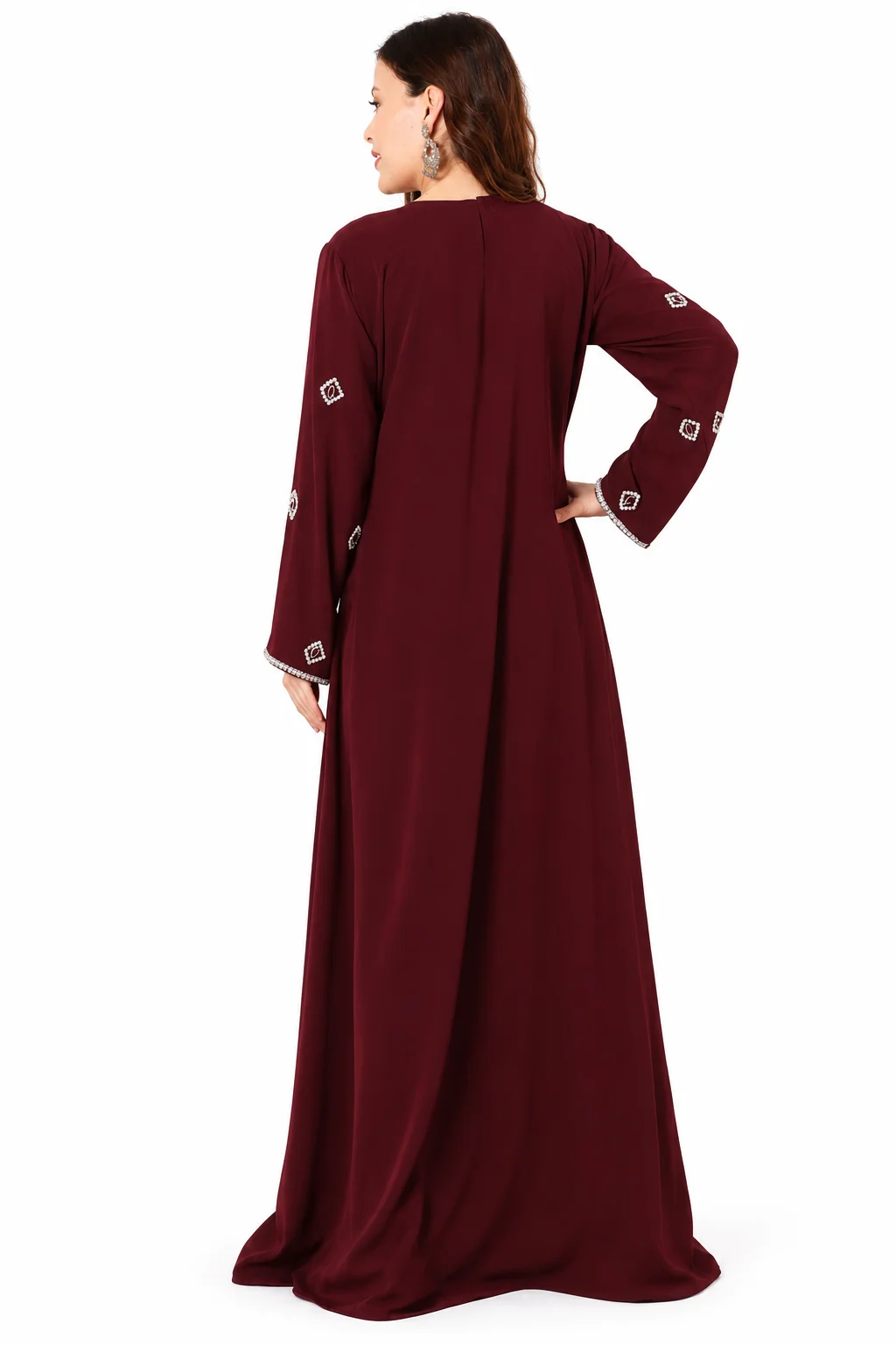 Maroon A-Line Kaftan Gown with Silver Hand Embroidery - Image 5