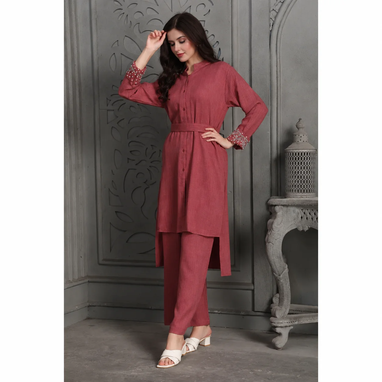 Magenta Pink Embroidered Modest Co-Ord Set - Image 4