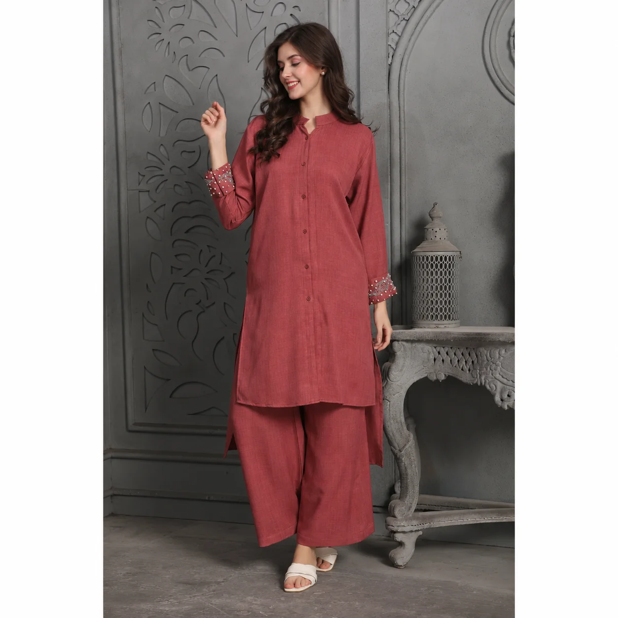 Magenta Pink Embroidered Modest Co-Ord Set - Image 5