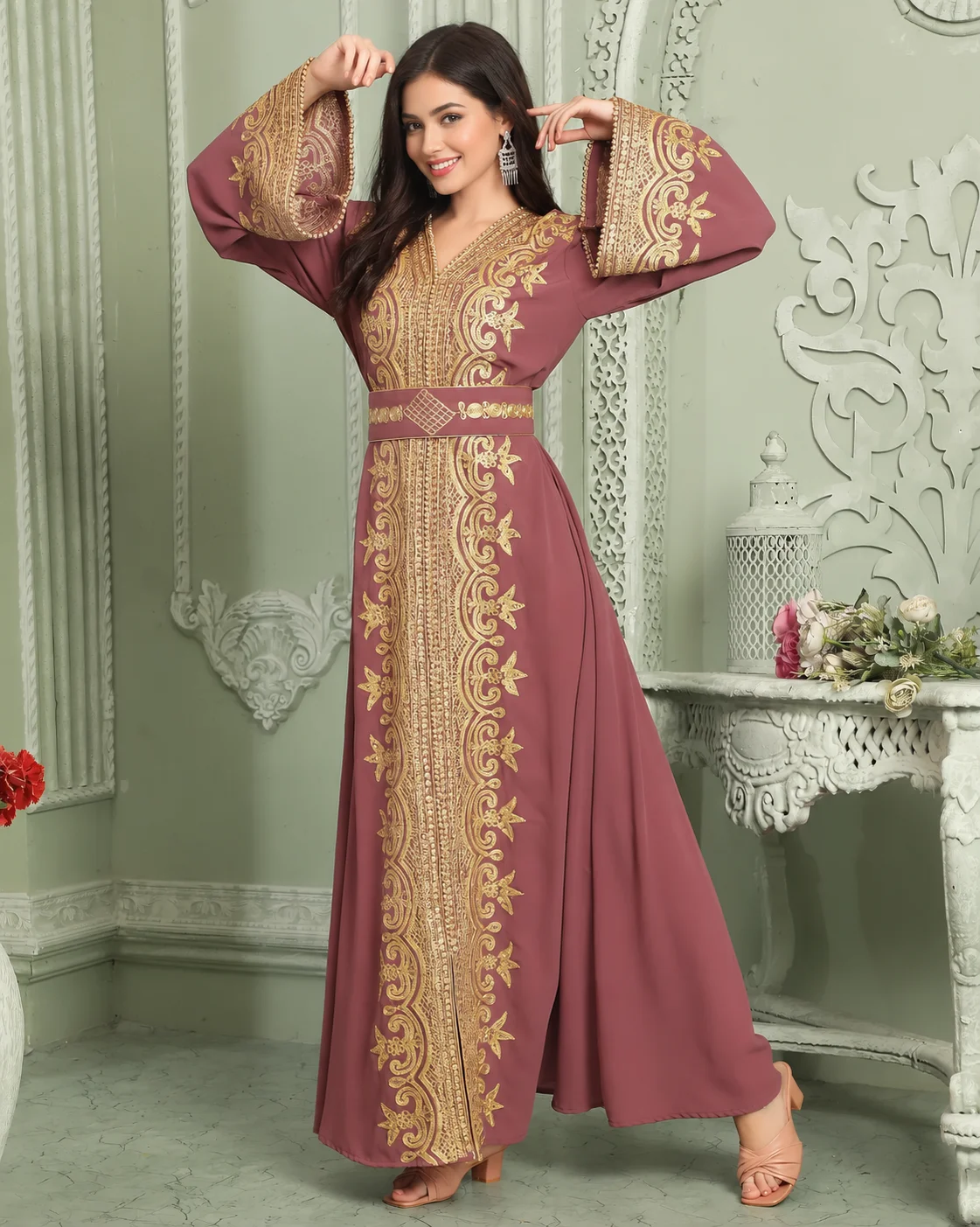 Puce Pink Jalabiya Kaftan with Gold Embroidery and Stone Work - Image 4